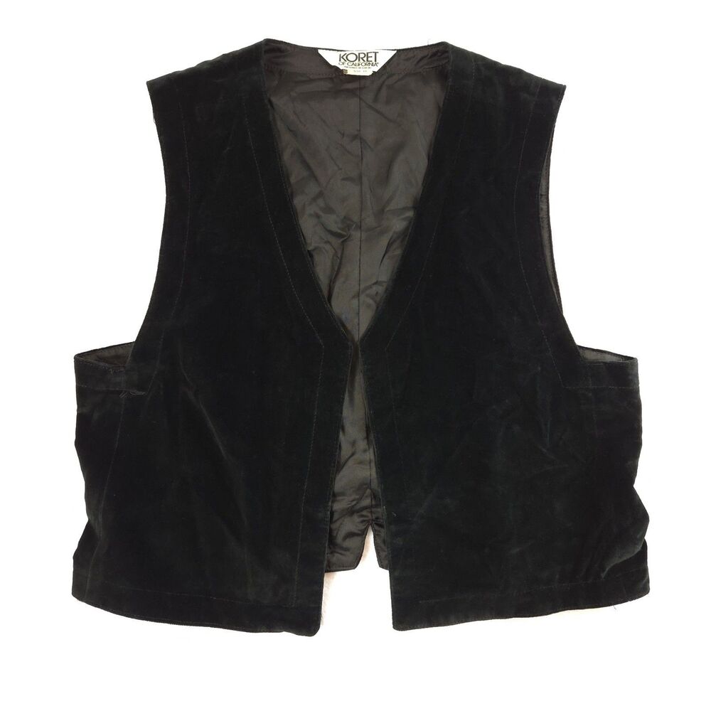 Vintage 70s Koret of California Black Velvet Vest Open Front 18 Gothic Victorian